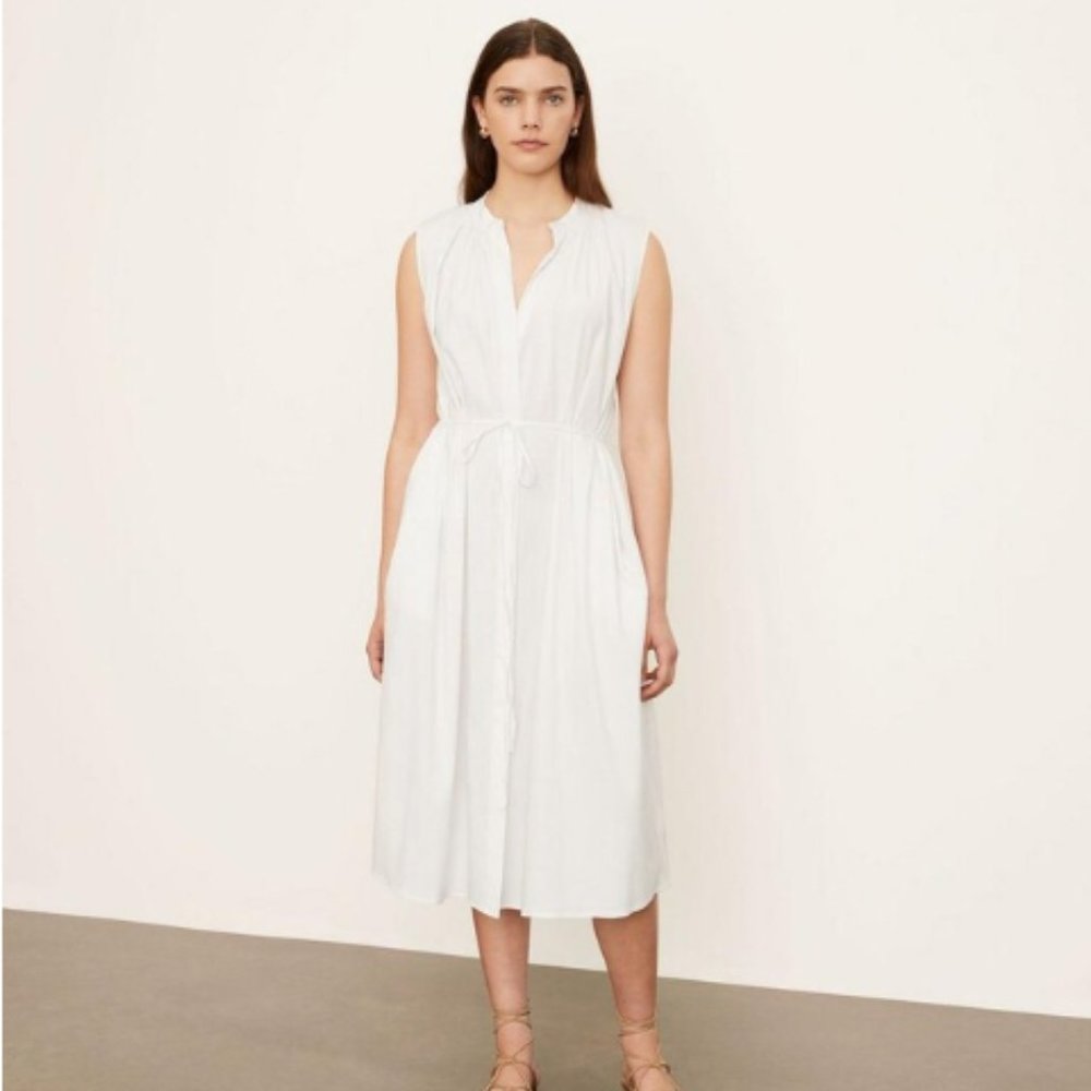 VINCE SLEEVELESS SHIRRED BAND COLLAR WHITE MIDI DRESS sz L